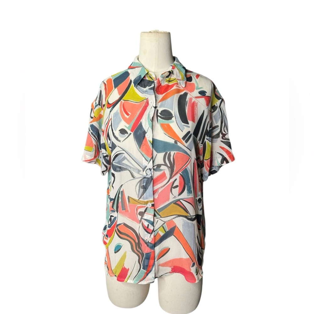 Lafayette 148 New York Abstract Print Silk Button Front Blouse Size M - Picture 3 of 6